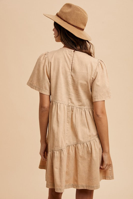 Mineral Washed Round Neck Short Sleeve Denim Dress