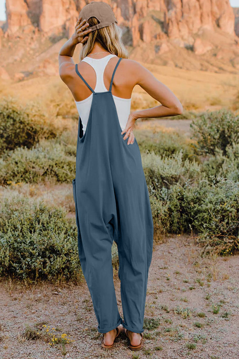 Sleeveless V-Neck Jumpsuit with Pockets 6 Solid Colors To Choose From