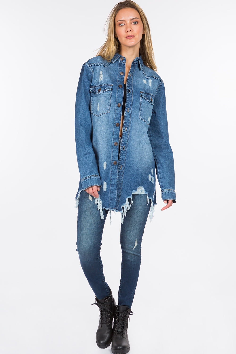 Distressed Frayed Hem Denim Jacket/Shacket