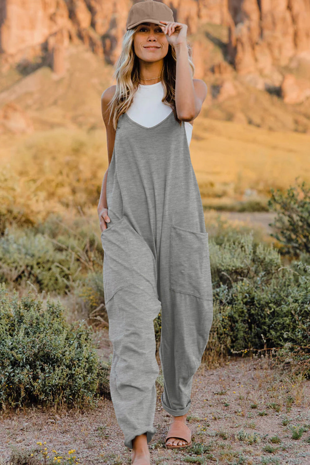 Sleeveless V-Neck Jumpsuit with Pockets 6 Solid Colors To Choose From