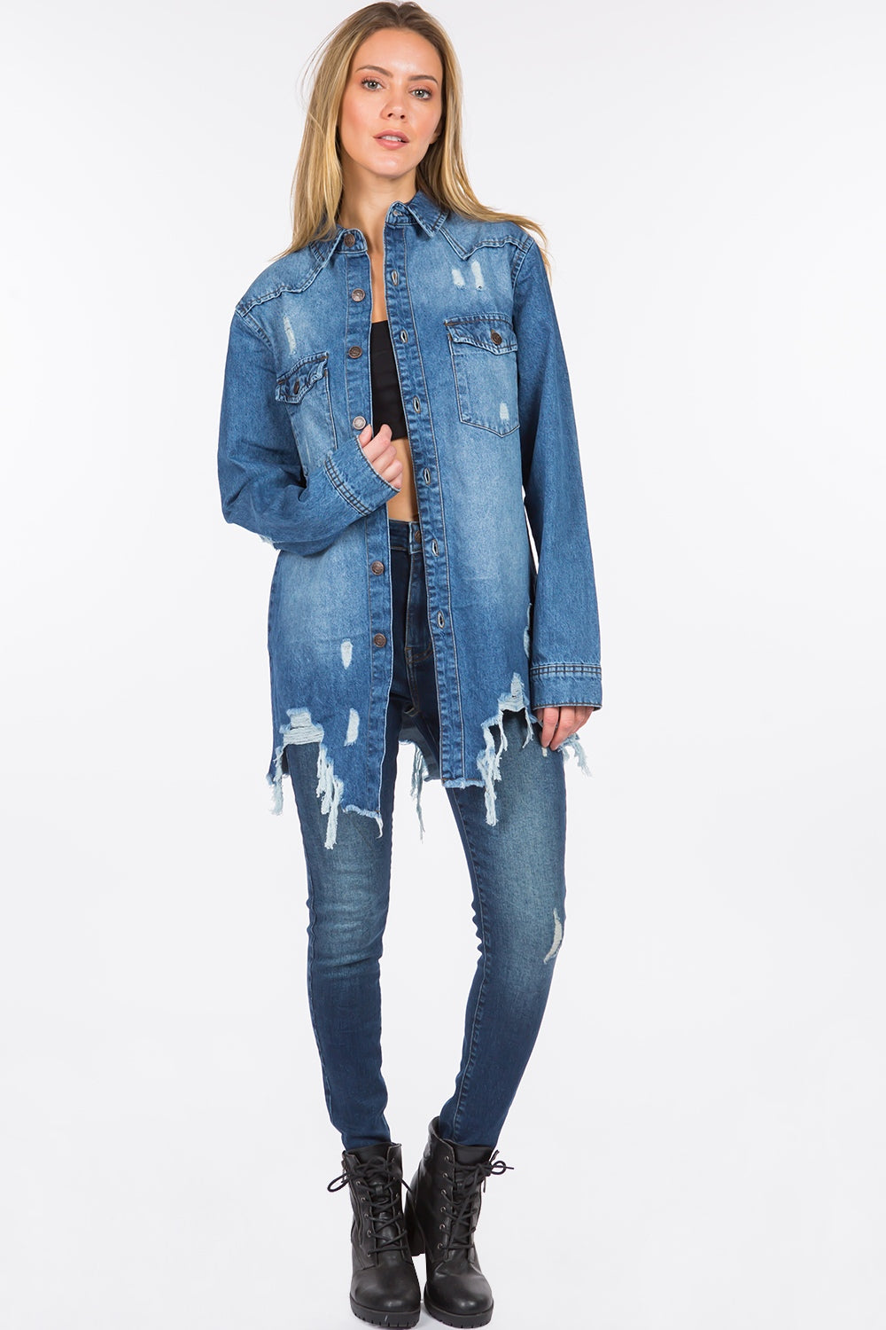 Distressed Frayed Hem Denim Jacket/Shacket