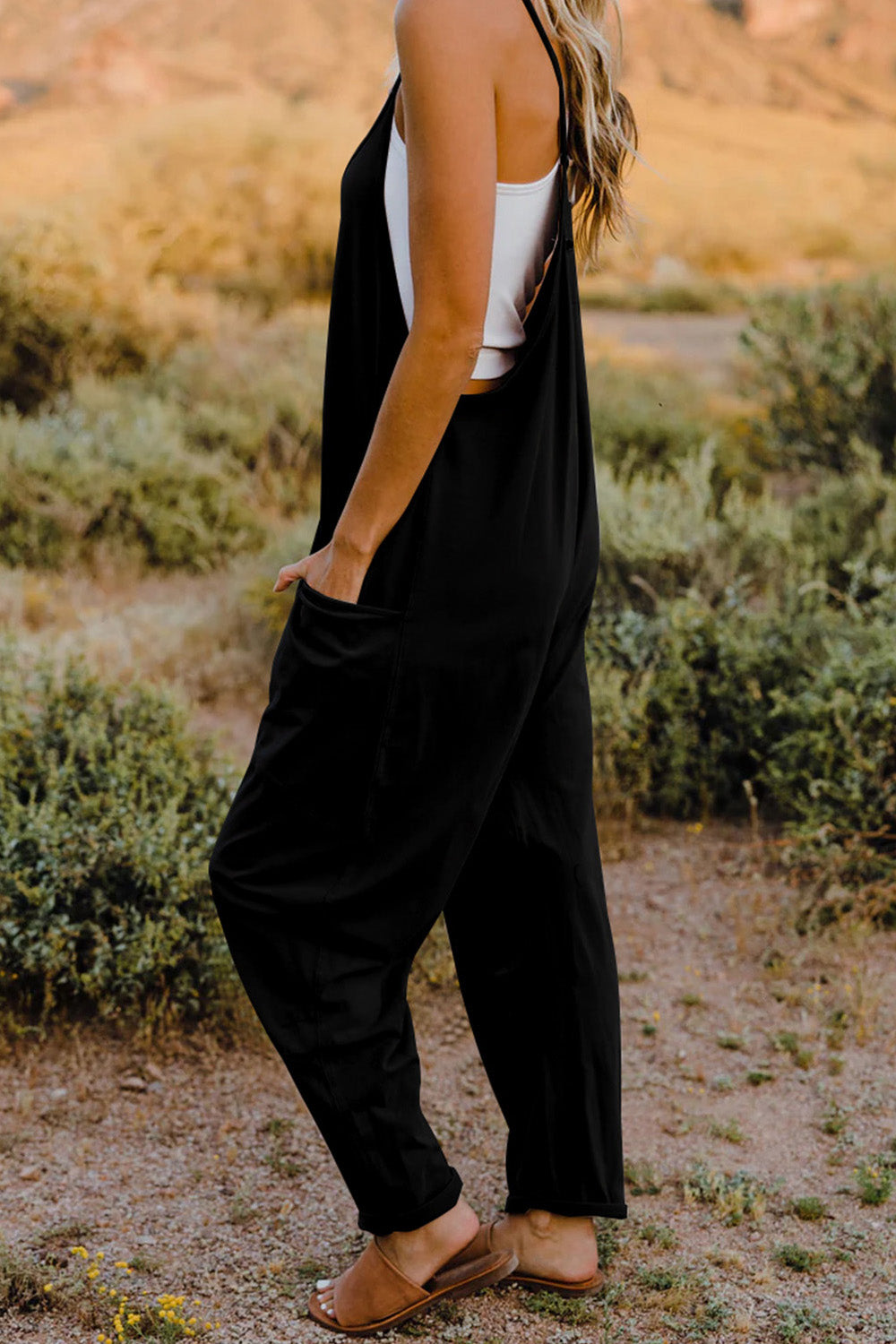 Sleeveless V-Neck Jumpsuit with Pockets 6 Solid Colors To Choose From