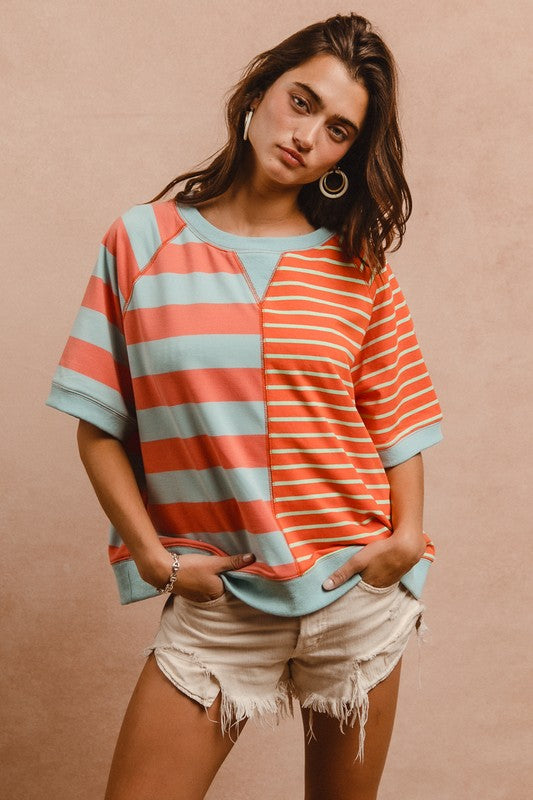 Striped Round Neck Half Sleeve French Terry Top