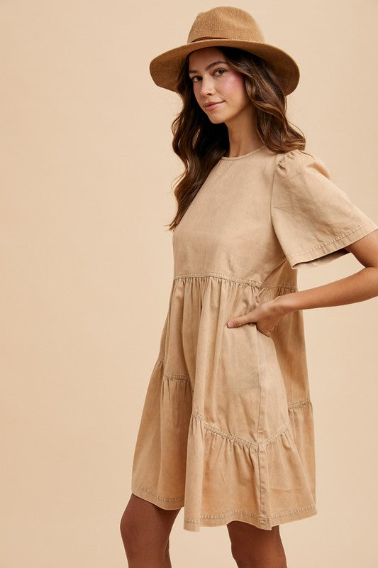 Mineral Washed Round Neck Short Sleeve Denim Dress