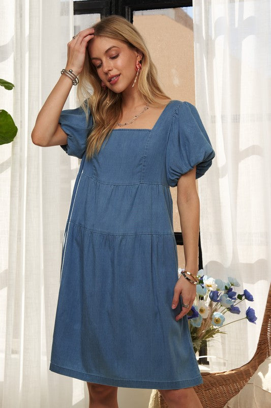 Square Neck Puff Sleeve Denim Dress