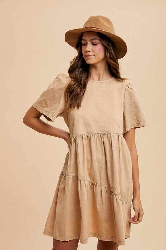 Mineral Washed Round Neck Short Sleeve Denim Dress