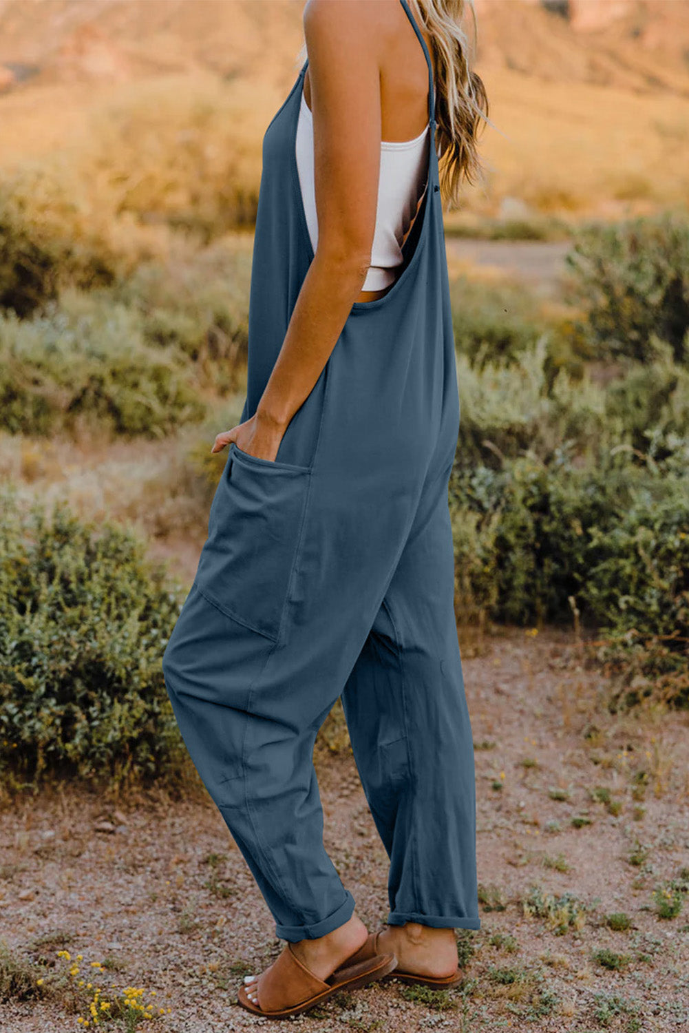 Sleeveless V-Neck Jumpsuit with Pockets 6 Solid Colors To Choose From