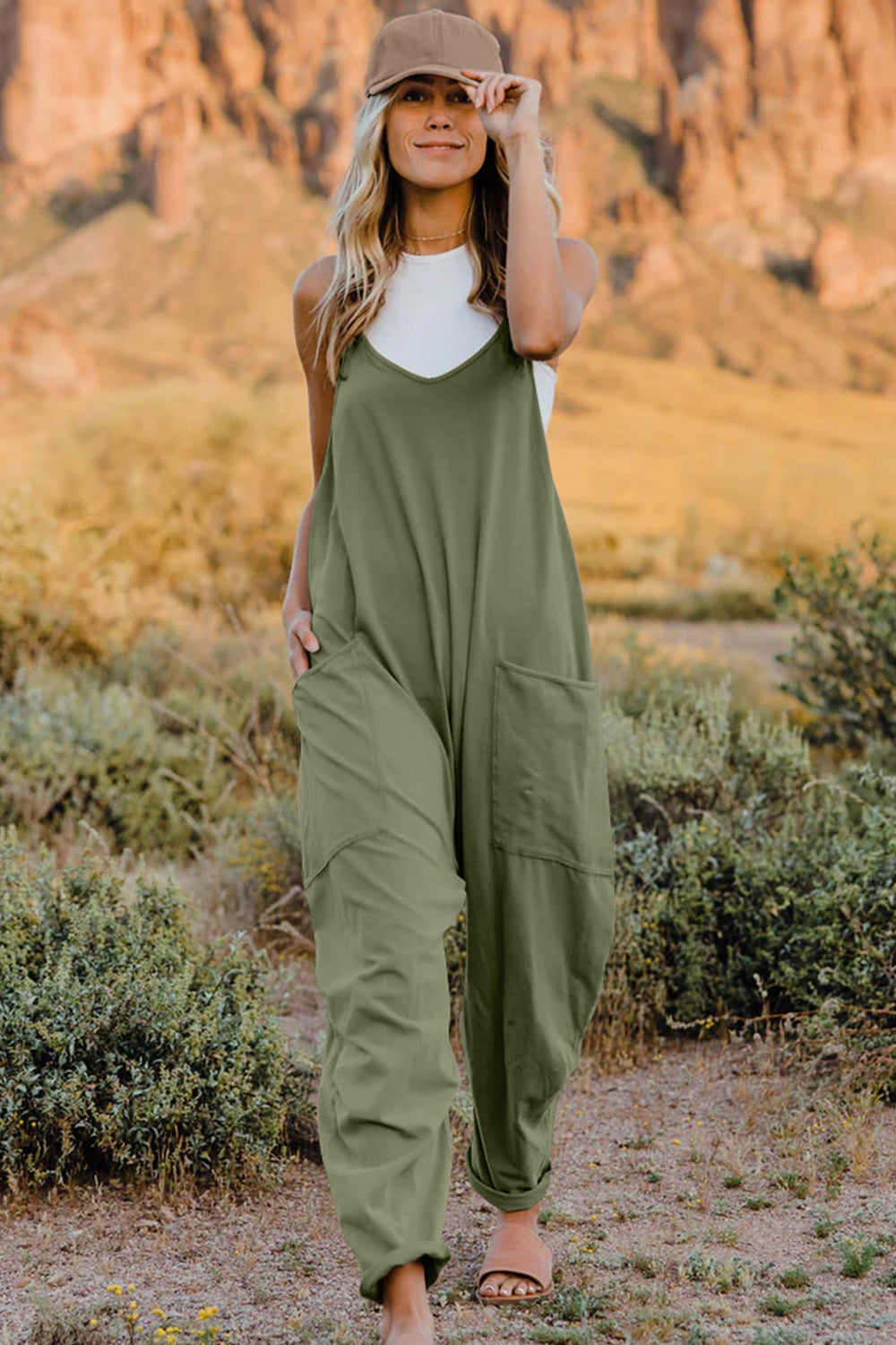 Sleeveless V-Neck Jumpsuit with Pockets 6 Solid Colors To Choose From