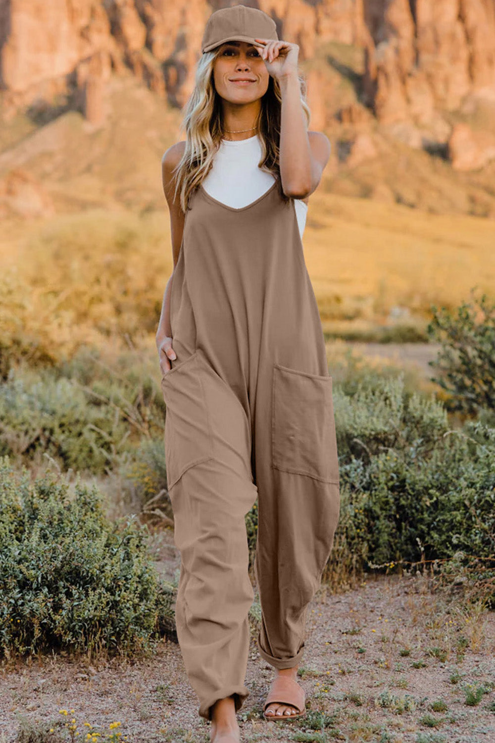 Sleeveless V-Neck Jumpsuit with Pockets 6 Solid Colors To Choose From