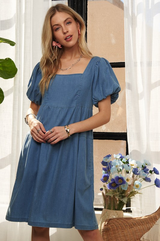 Square Neck Puff Sleeve Denim Dress