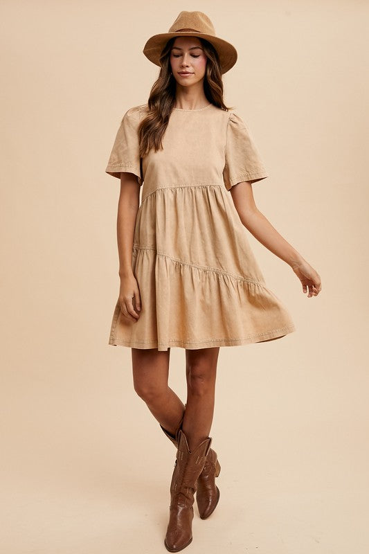 Mineral Washed Round Neck Short Sleeve Denim Dress