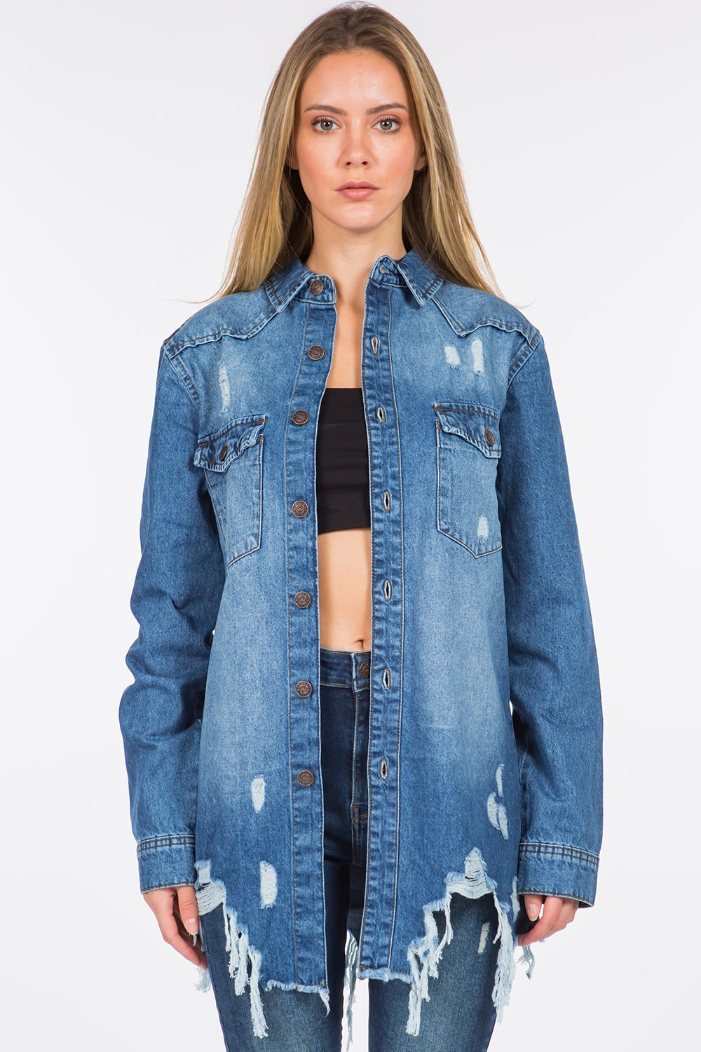 Distressed Frayed Hem Denim Jacket/Shacket