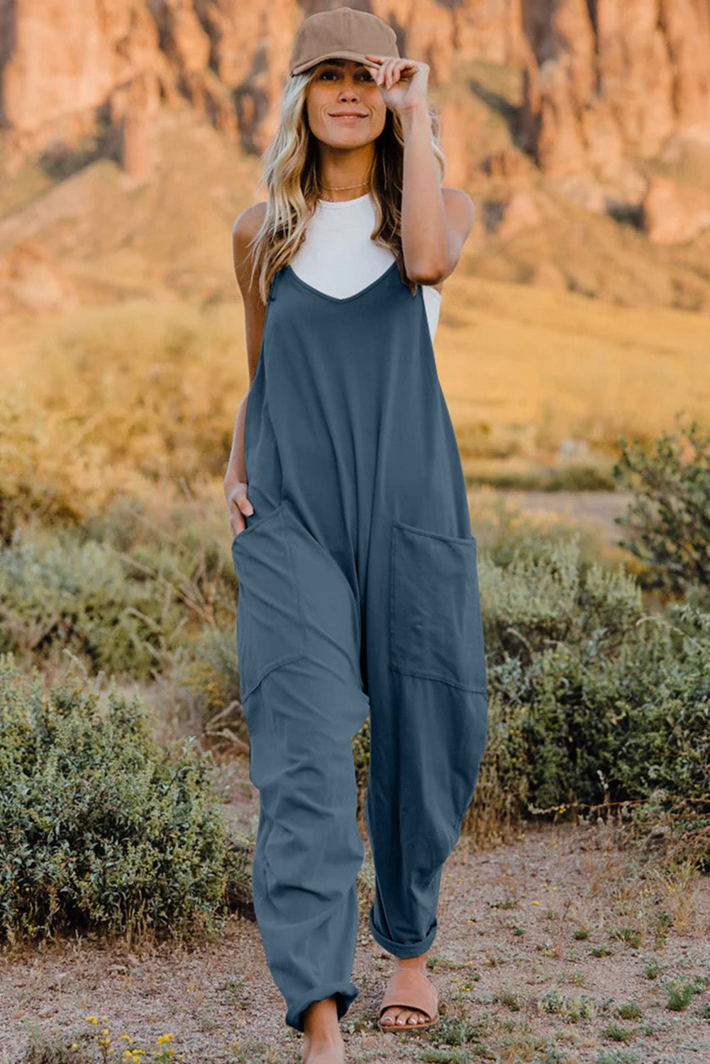 Sleeveless V-Neck Jumpsuit with Pockets 6 Solid Colors To Choose From