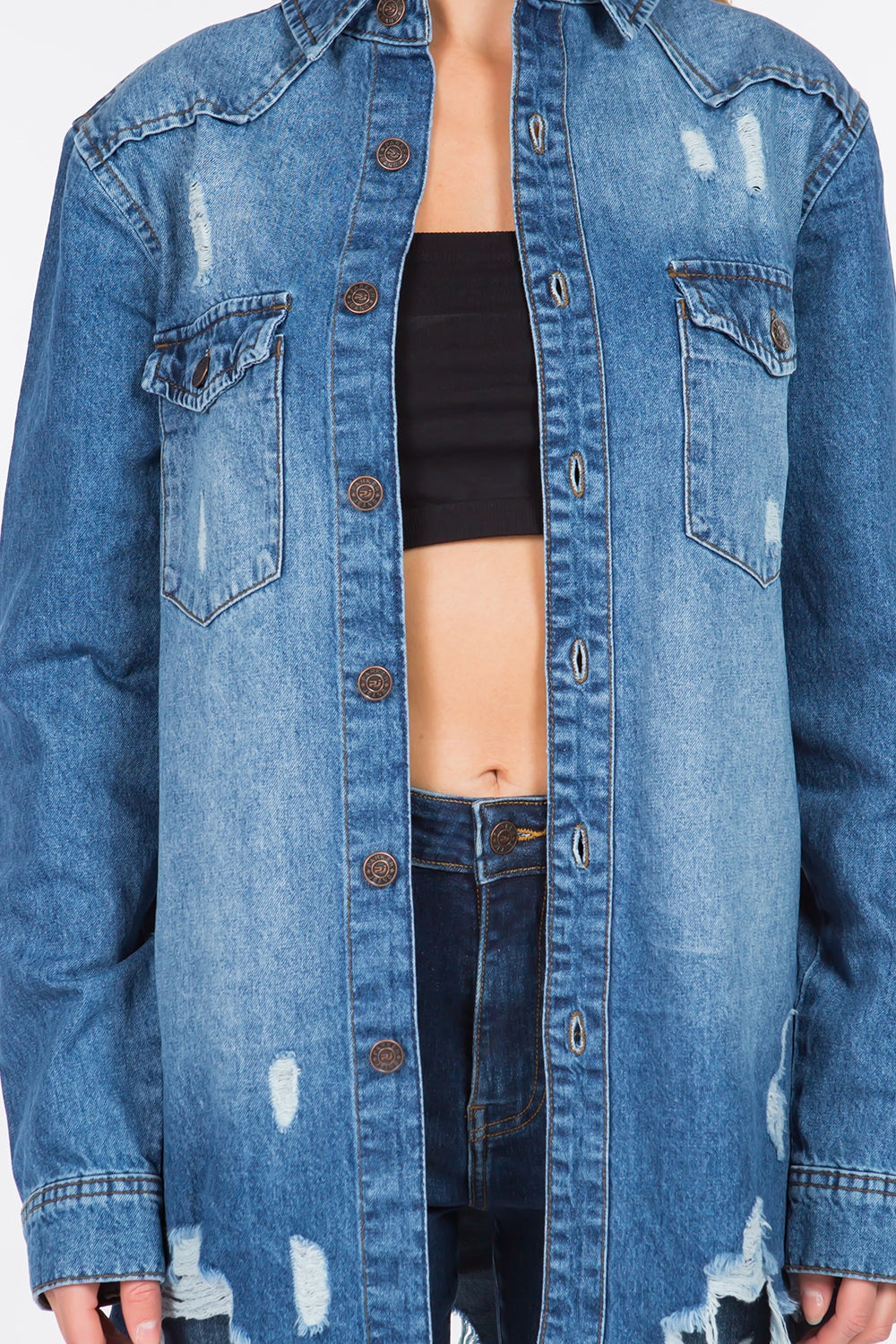 Distressed Frayed Hem Denim Jacket/Shacket
