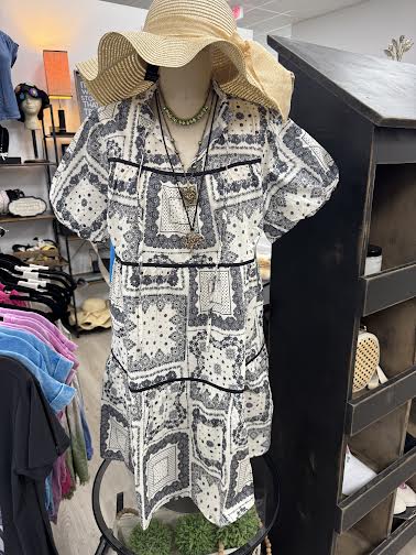 Tiered Mini Dress with Tie Neck Black/White @ RF