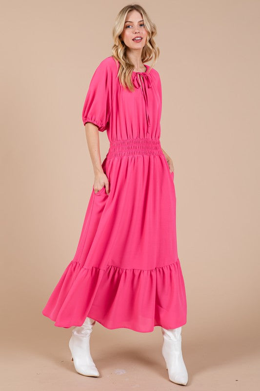 Smocked Elastic Waist Tie Neck Puff Sleeve Dress