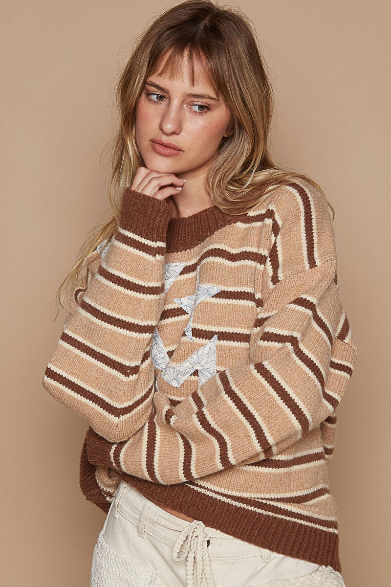 Star Patch Stripe Round Neck Sweater