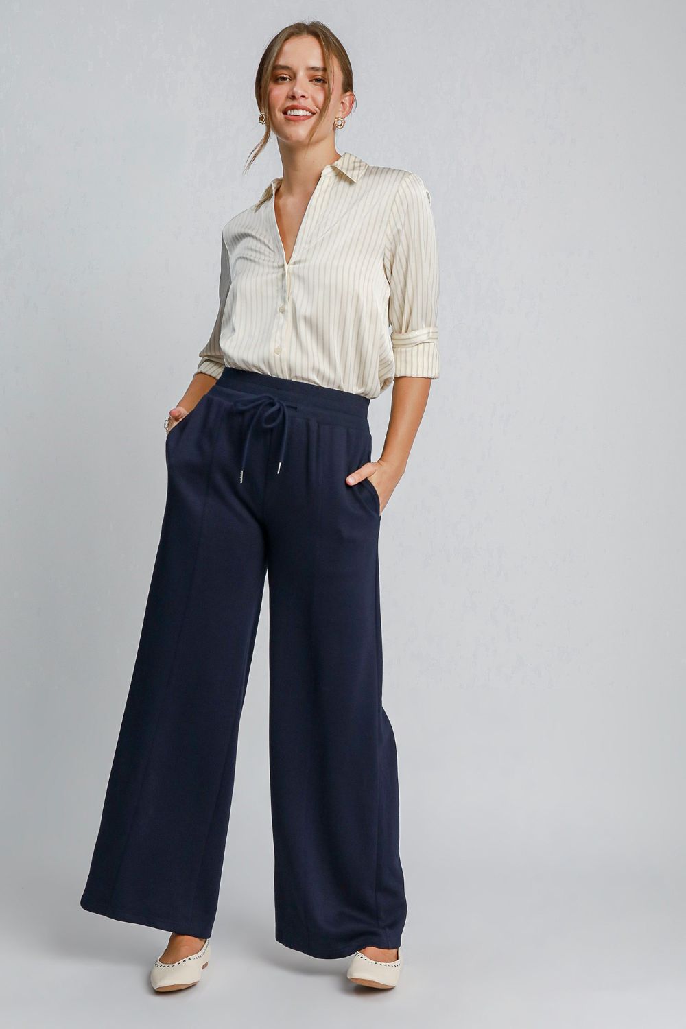 Drawstring Wide Leg Pants with Pockets - Midnight Blue