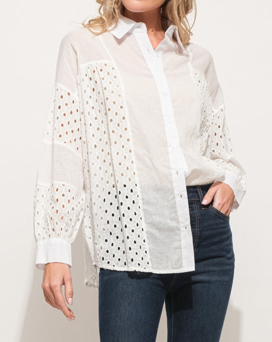 Eyelet Long Sleeve Button Down Shirt