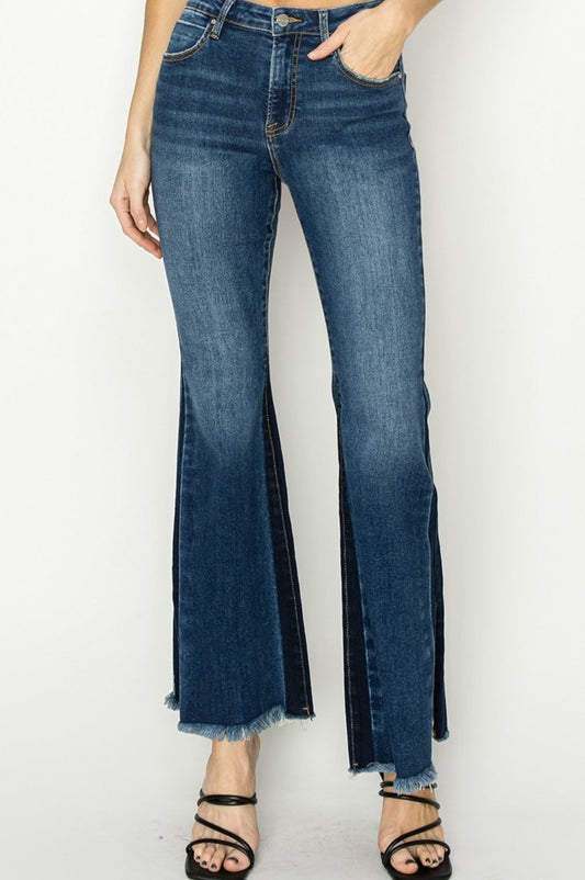 RISEN Full Size High Rise Side Shadow Seam Detail Slit Flare Jeans