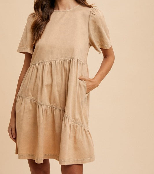 Mineral Washed Round Neck Short Sleeve Denim Dress