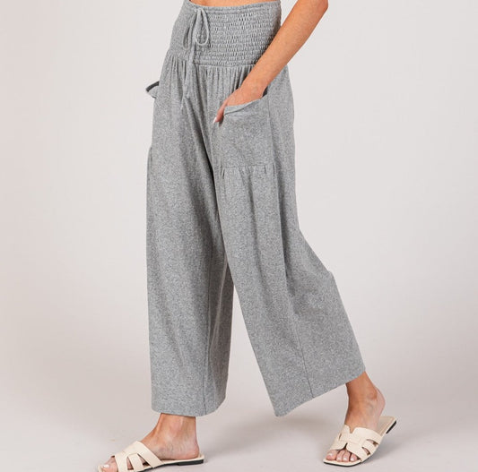 Gray Drawstring Smocked High Waist Pants