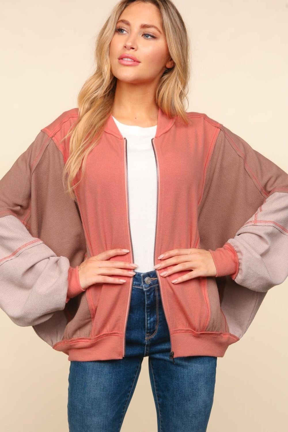 Zip Up Color Block Bomber Jacket with Side Pockets