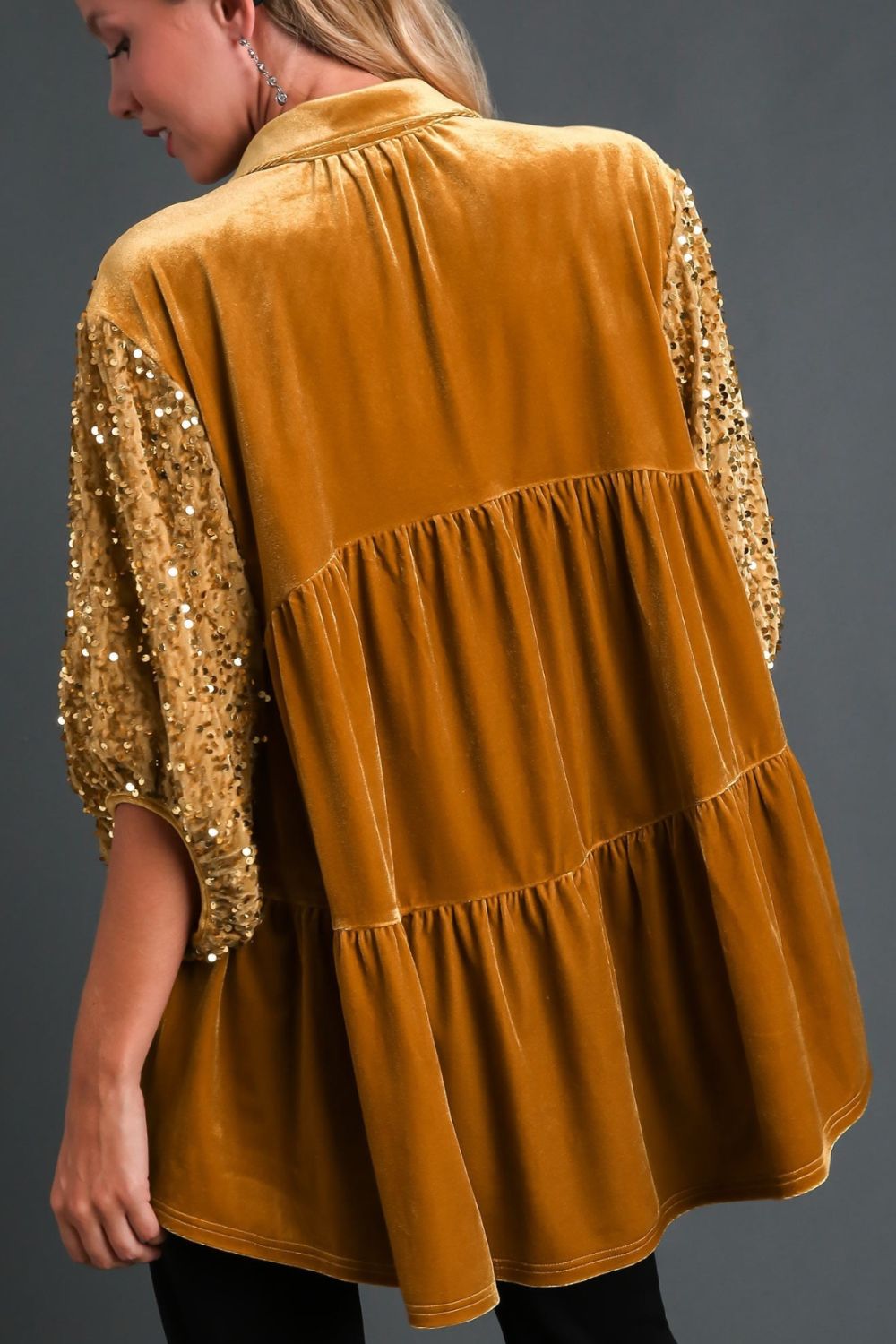 Sequin Detail Tiered Back Half Sleeve Shirt