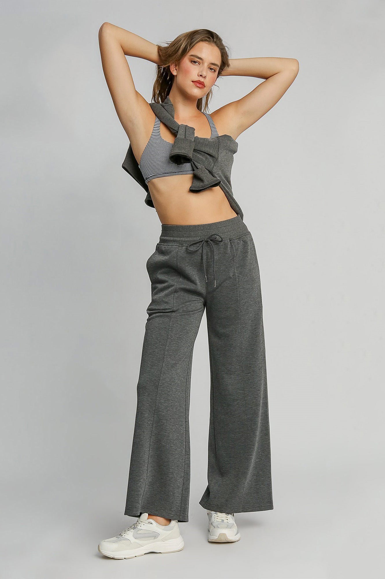 Drawstring Wide Leg Pants with Pockets - Charcoal