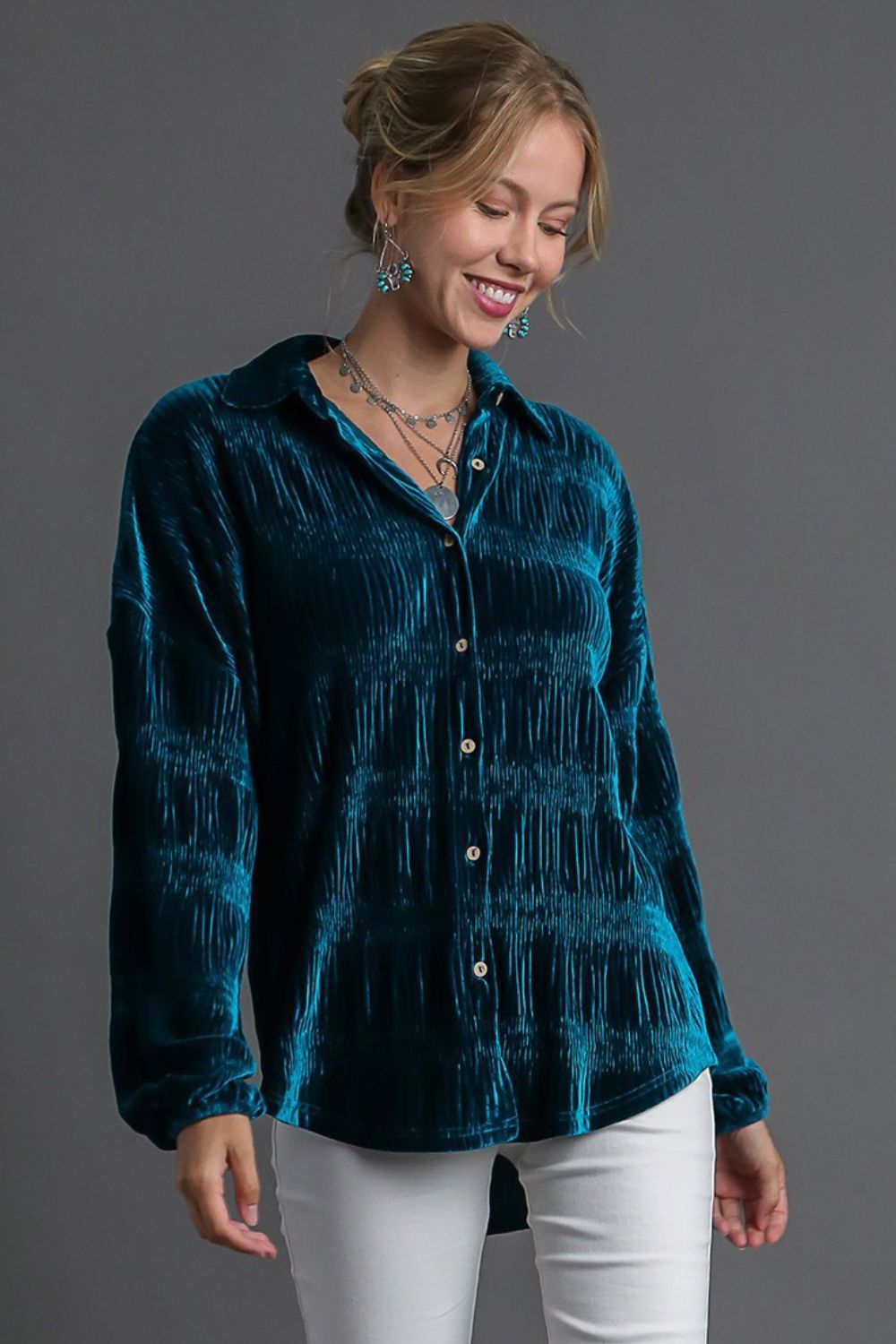 Ruched Tiered Button Up Shirt - Teal Color