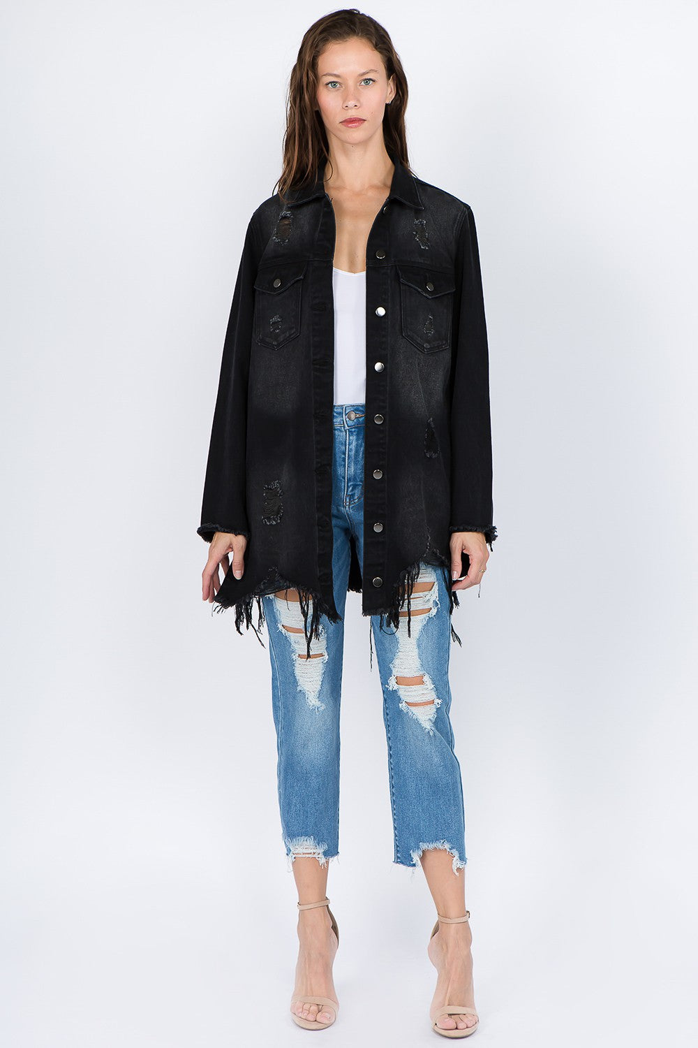 Distressed Frayed Hem Denim Jacket/Shacket