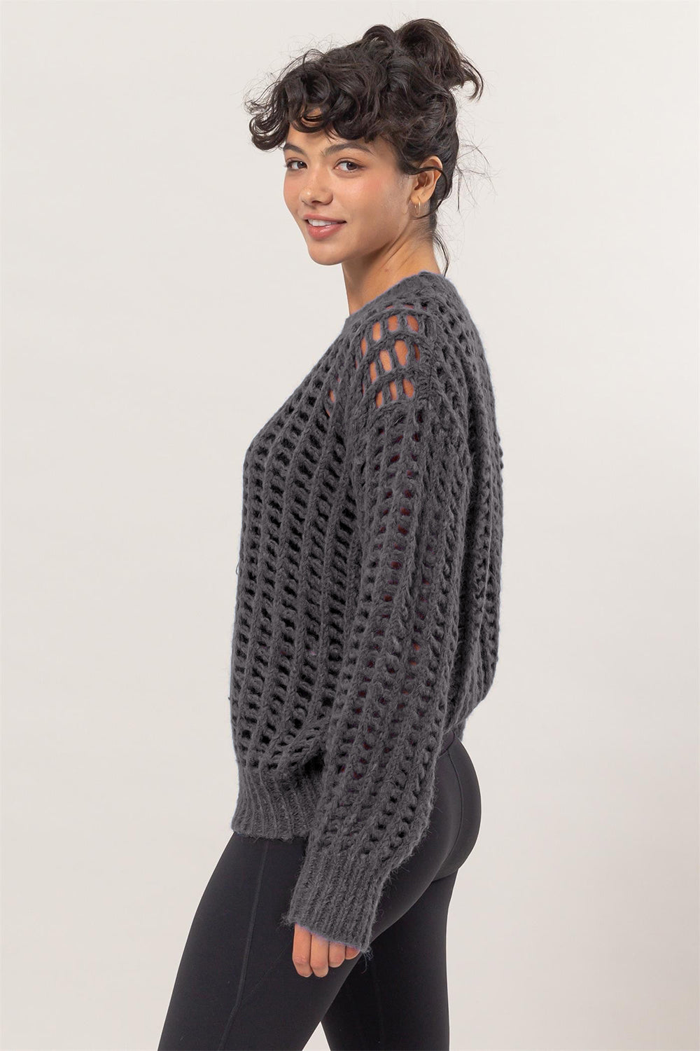 Openwork Round Neck Long Sleeve Knit Cover Up