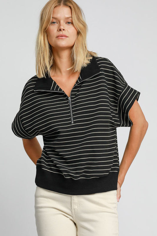 Striped Half Zip Short Sleeve Sweatshirt