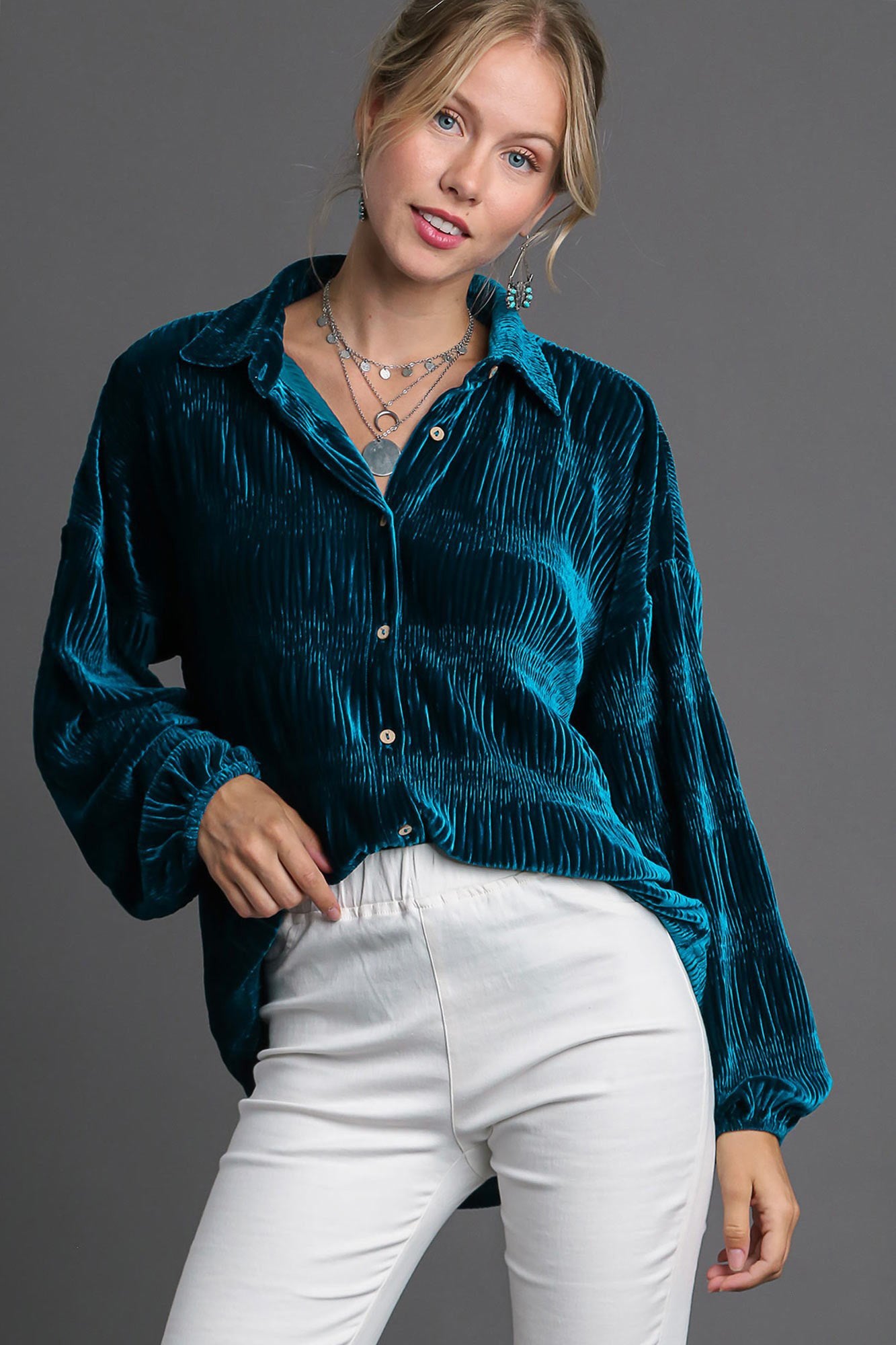 Ruched Tiered Button Up Shirt - Teal Color