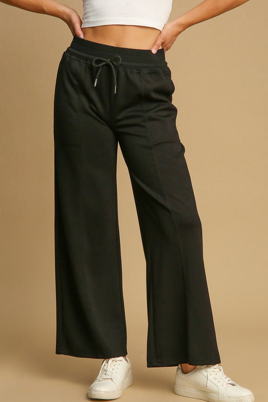 Drawstring Wide Leg Pants with Pockets - Black