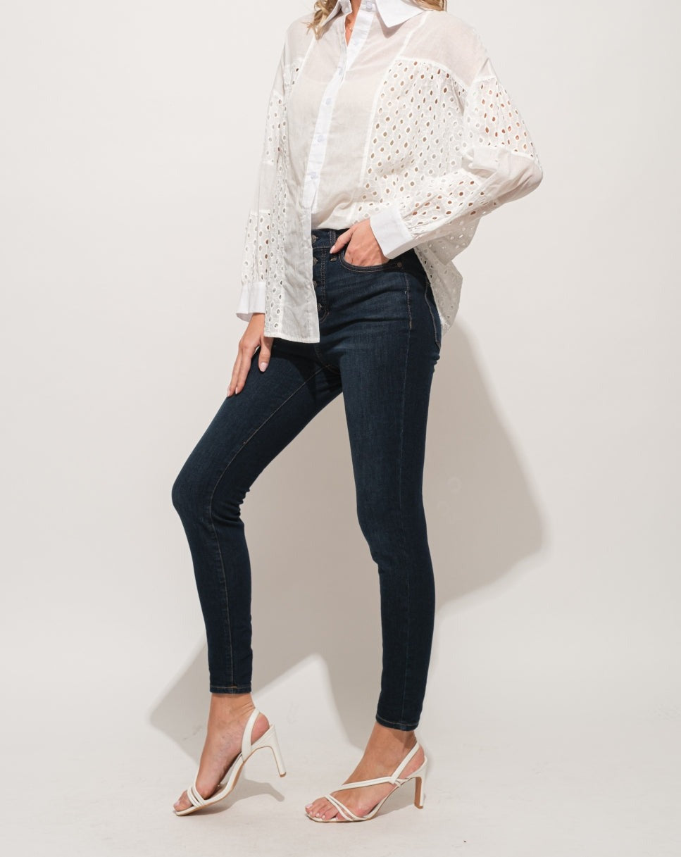 Eyelet Long Sleeve Button Down Shirt