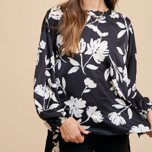 Frill Printed Balloon Sleeve Blouse