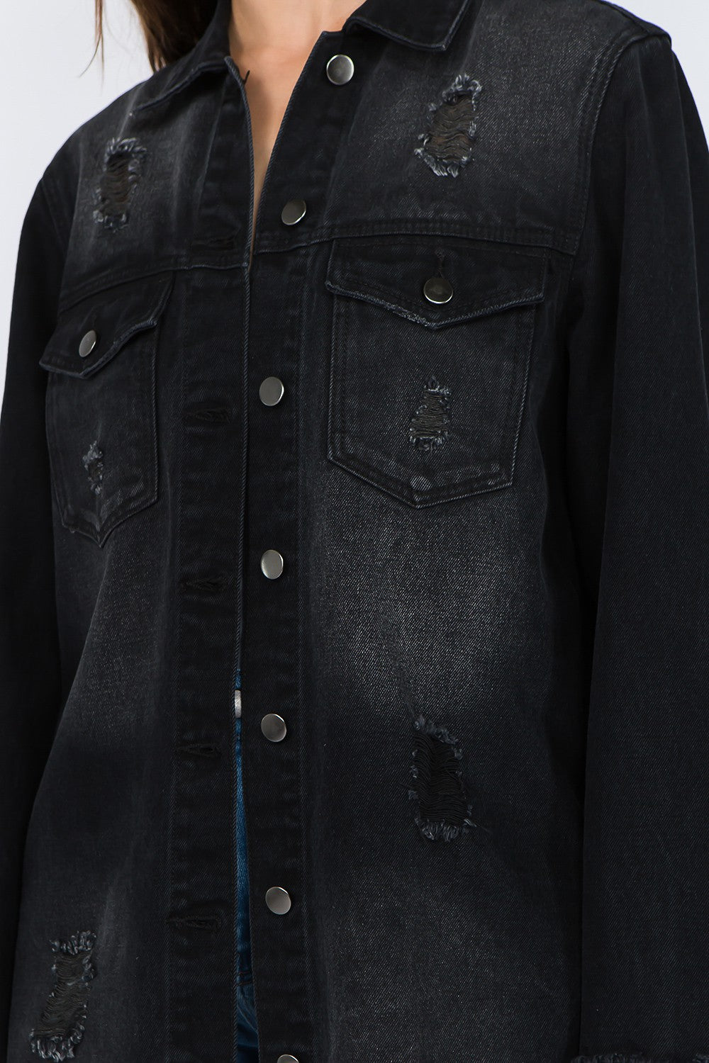 Distressed Frayed Hem Denim Jacket/Shacket