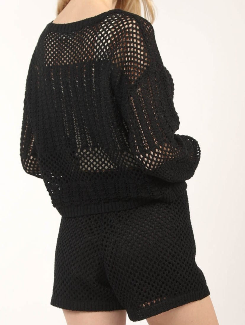 Openwork Cropped Cover Up and Shorts Set