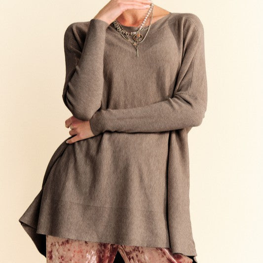 Round Neck Dropped Shoulder Long Sleeve Knit Top