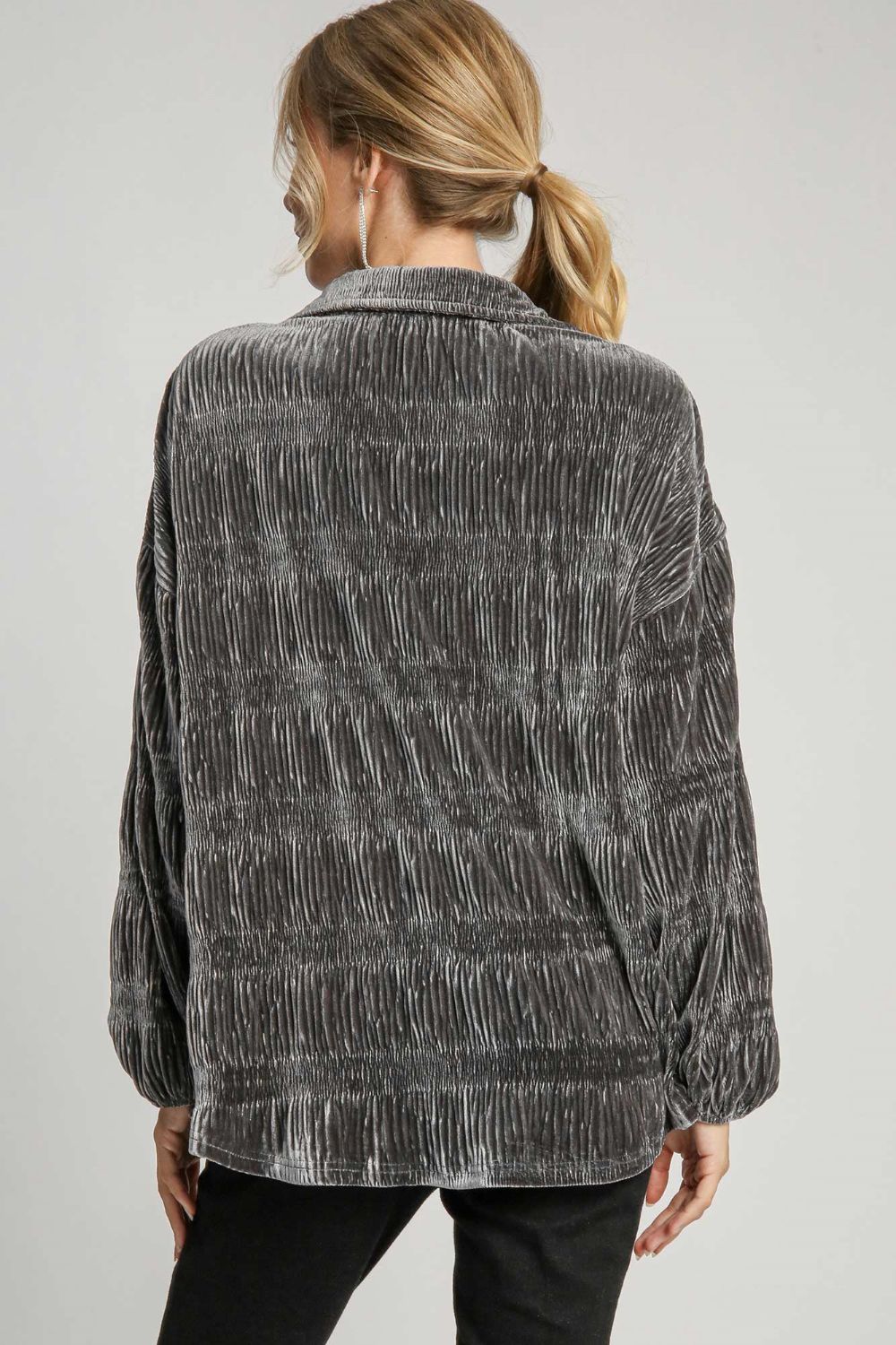 Ruched Tiered Button Up Shirt - Gunmetal Color