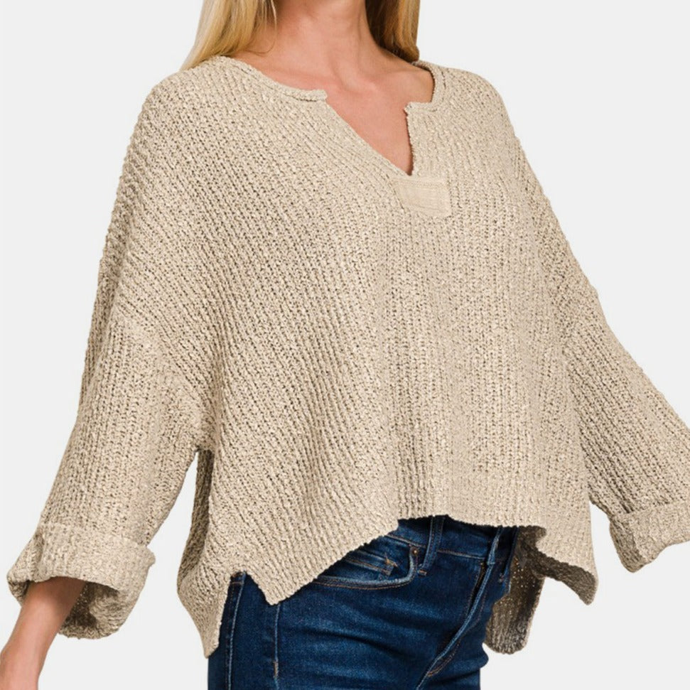Notched Side Slit Patch Sweater