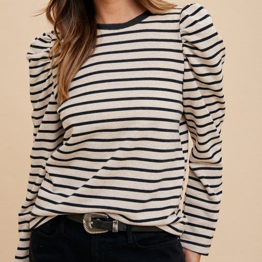 Striped Round Neck Puff Sleeve French Terry Top
