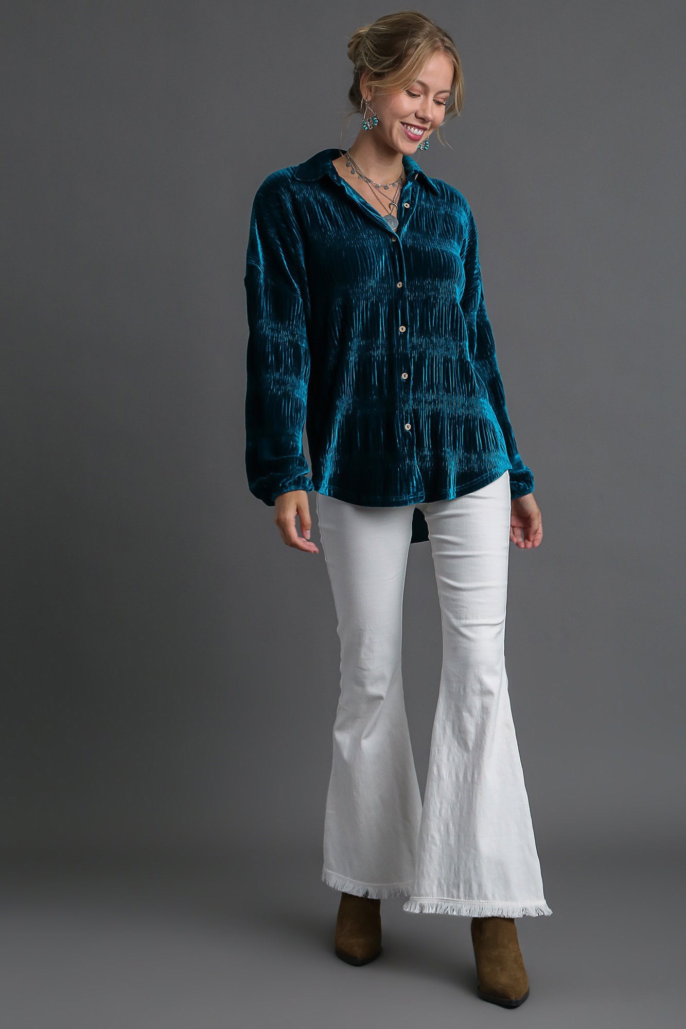 Ruched Tiered Button Up Shirt - Teal Color