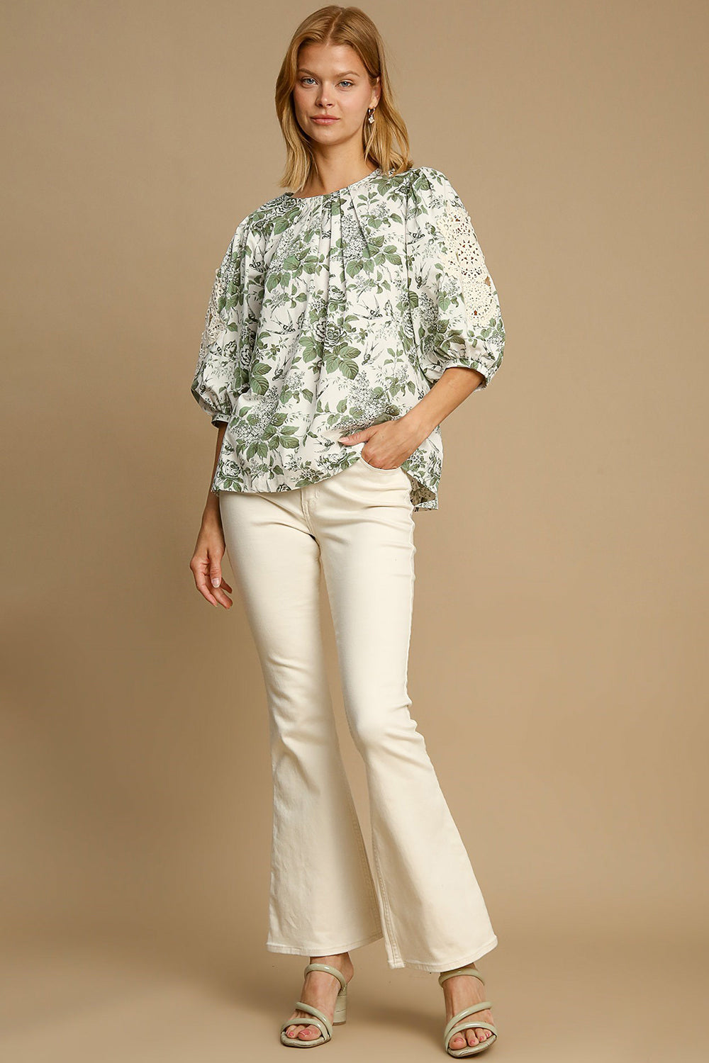 Floral Pleated Detail Lace Trim Sleeve Blouse - Sage