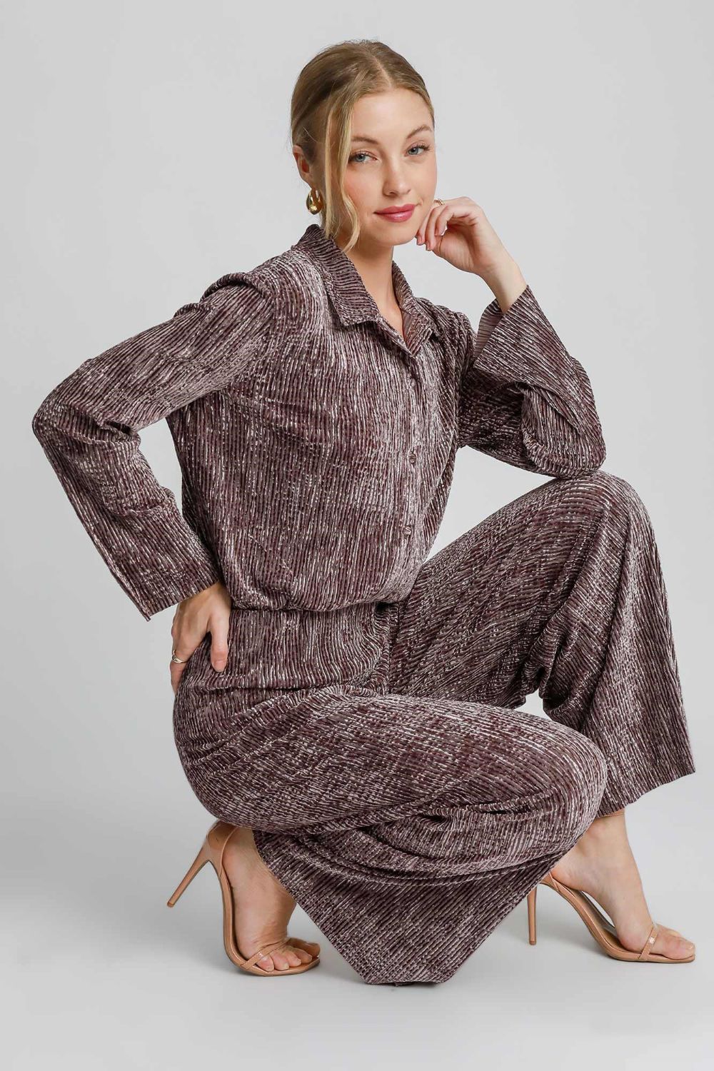 Side Slit Texture Button Up Shirt - Brown