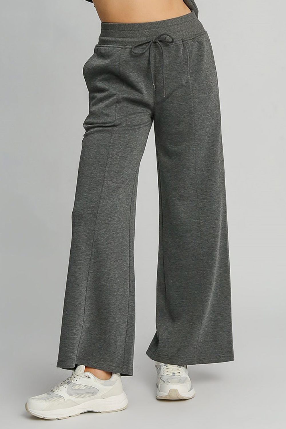 Drawstring Wide Leg Pants with Pockets - Charcoal