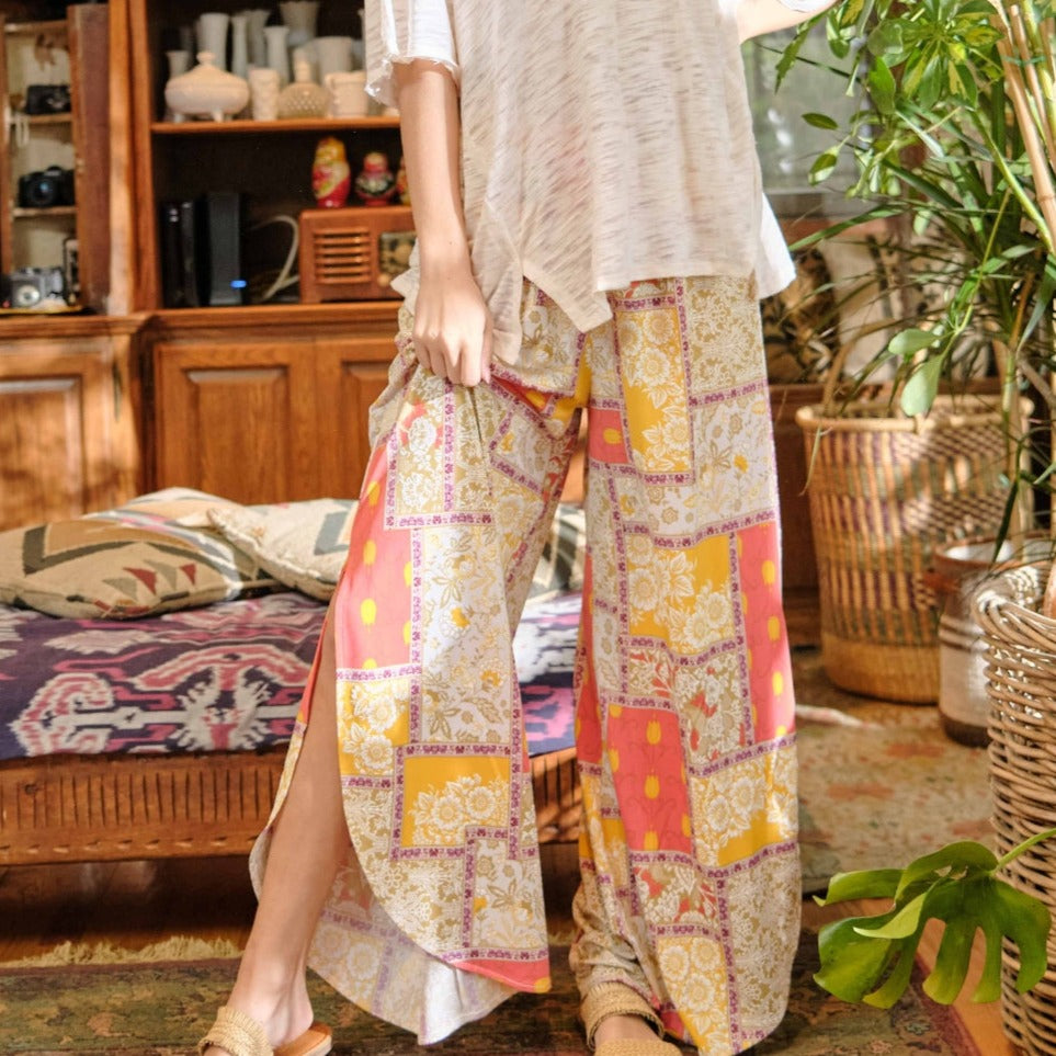 And The Why Printed Smocking Waist Side Slit Wide Leg Pants