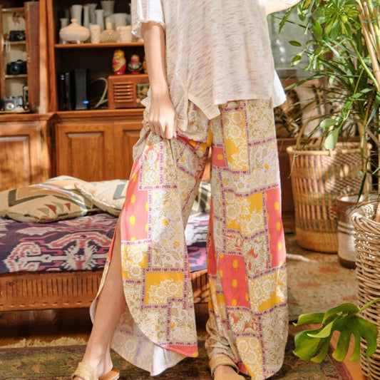 And The Why Printed Smocking Waist Side Slit Wide Leg Pants