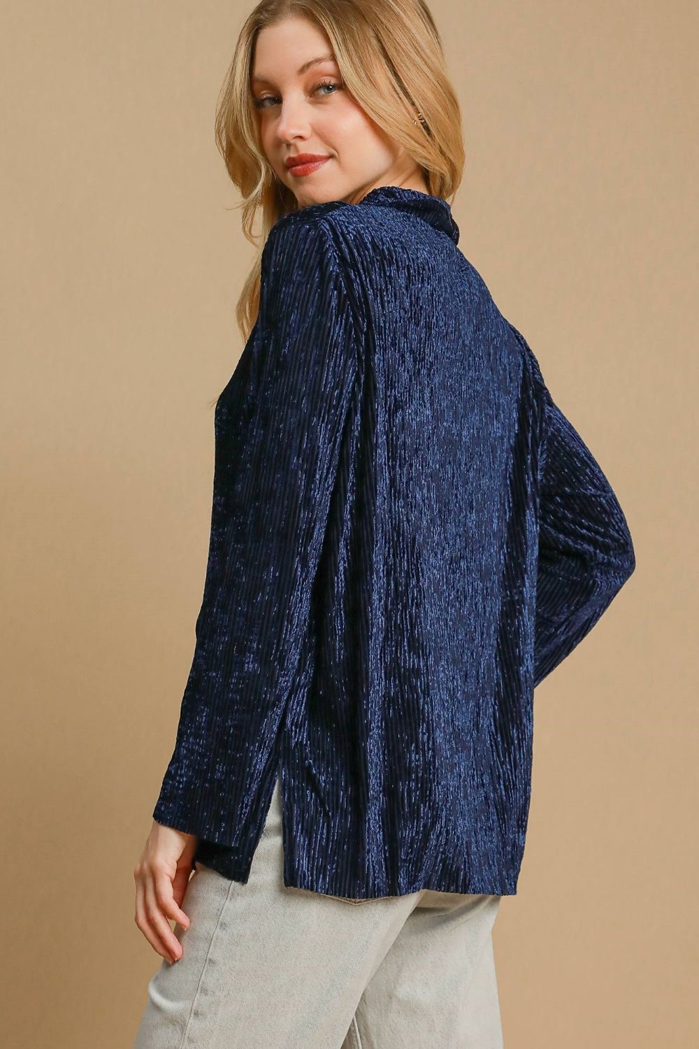 Side Slit Texture Button Up Shirt - Navy